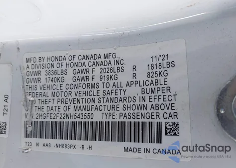 2022 Honda Civic Lx z USA, uszkodzony, nr VIN 2HGFE2F22NH543550
